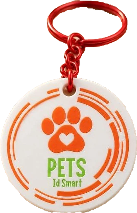 Llavero PETS Id Smart: disco blanco con huella naranja, texto PETS Id Smart en verde y anilla roja, con chip NFC
