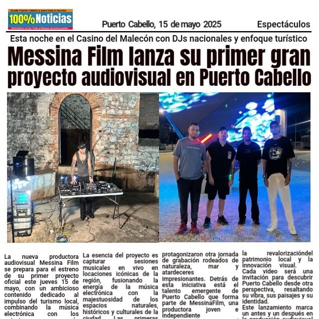 Recorte del diario 100% Noticias del 15 de mayo de 2025 sobre el lanzamiento de Messina Film